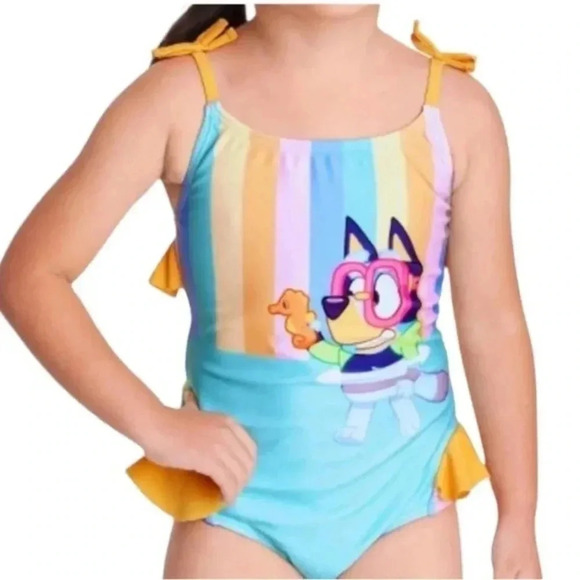 Bluey one-piece swimsuit toddler girl bows ruffles stripes rainbow pastel floaty - Picture 1 of 8